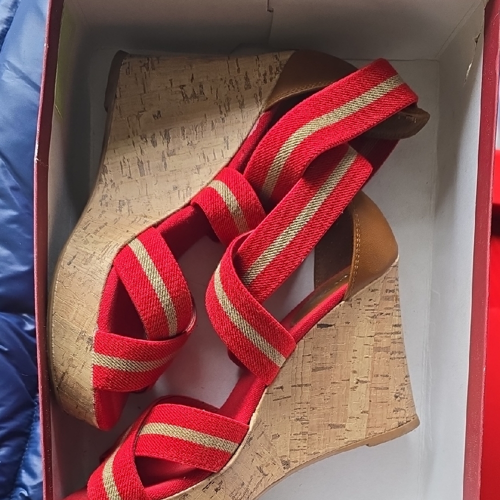 Red and Tan Wedge Sandals